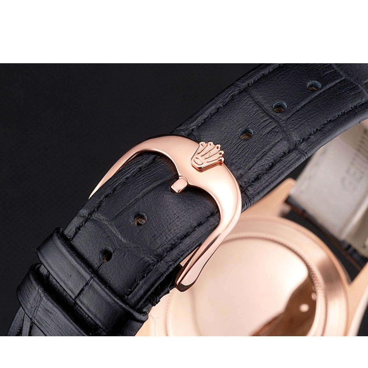 Aaa fake watches Black Datejust Gold Strap Swiss Rose Dial Leather Rolex Case White 0728